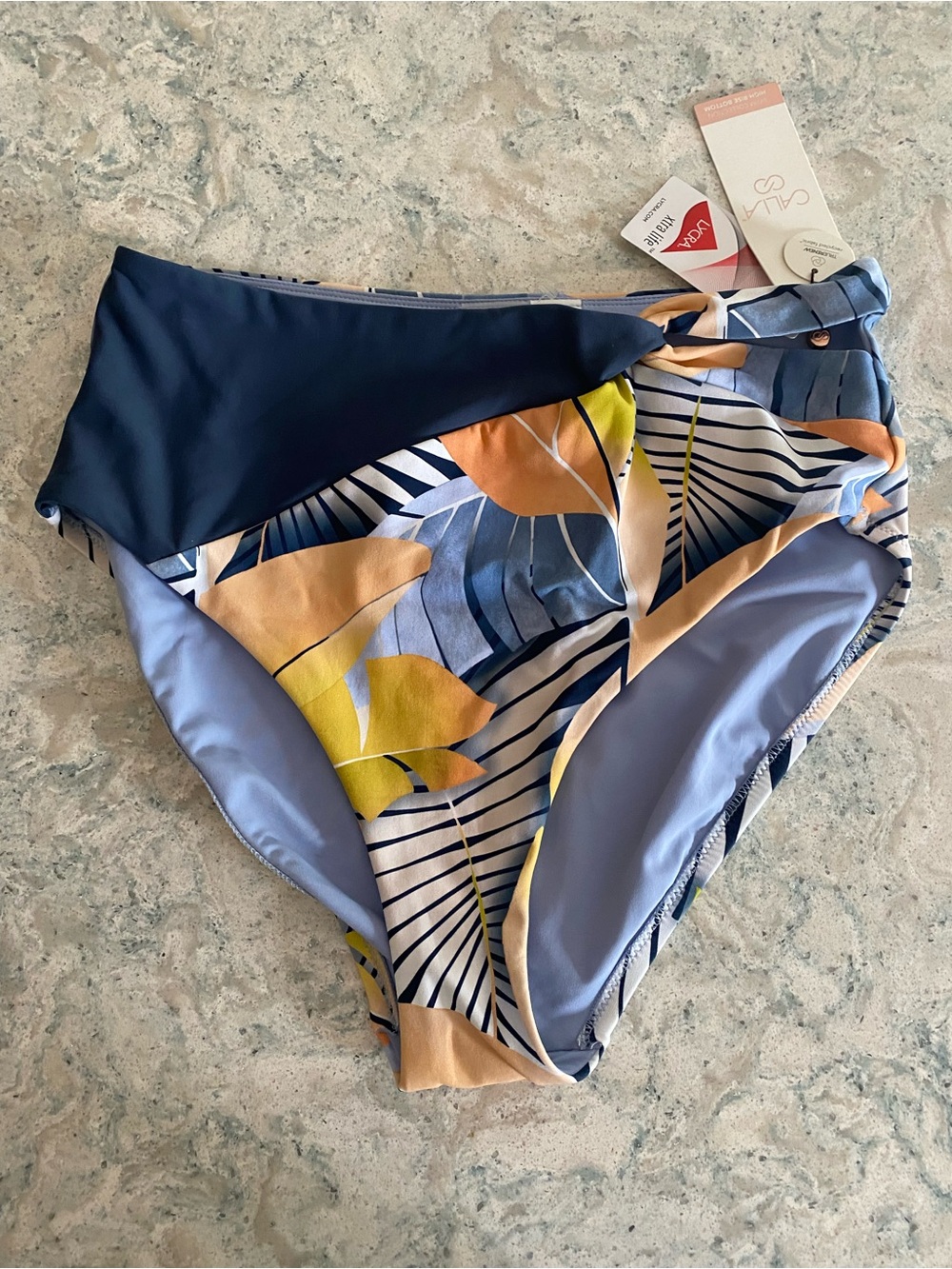 Calia Alia High-Waist Floral Bikini Bottoms in Navy, Yellow & Peach